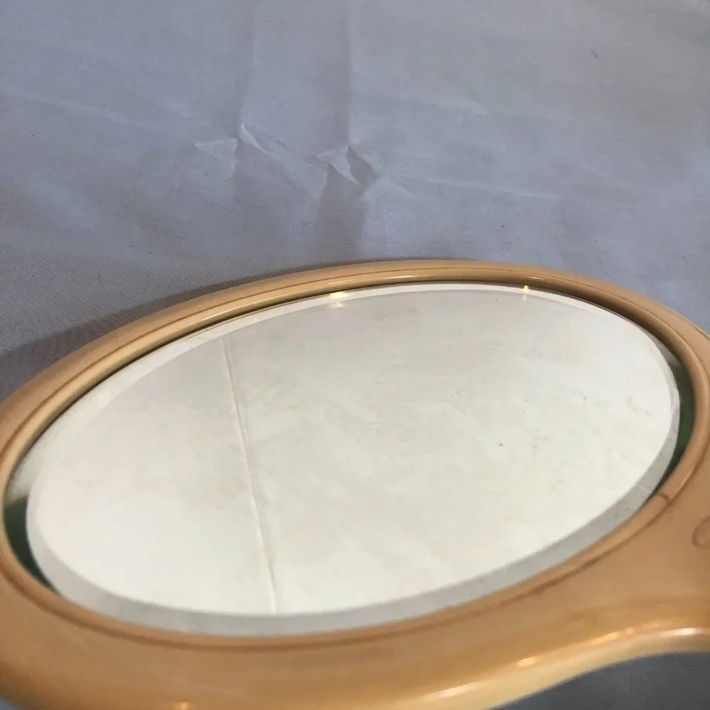 VINTAGE Ivory Py-ra-lin Handheld Vanity Mirror Celluloid #F31
